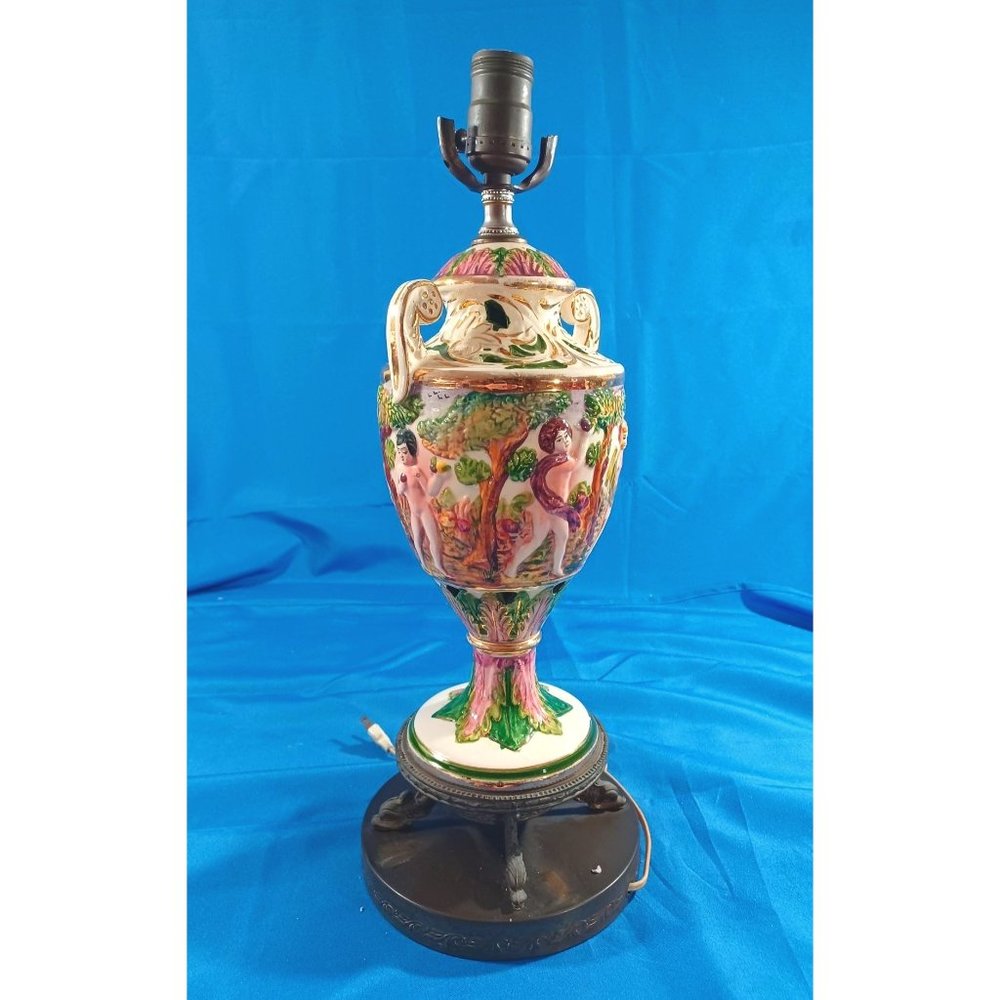 Vintage Capodimonte Amphora Vase Gilt Putti  Cherub Angels Garden of Eden Lamp - Picture 7 of 10